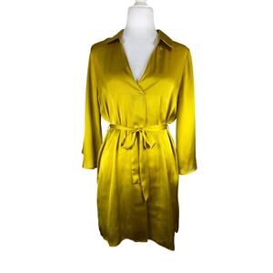 Zara Women's Mustard Yellow Satin Belted Collard Tunic Dress Medium